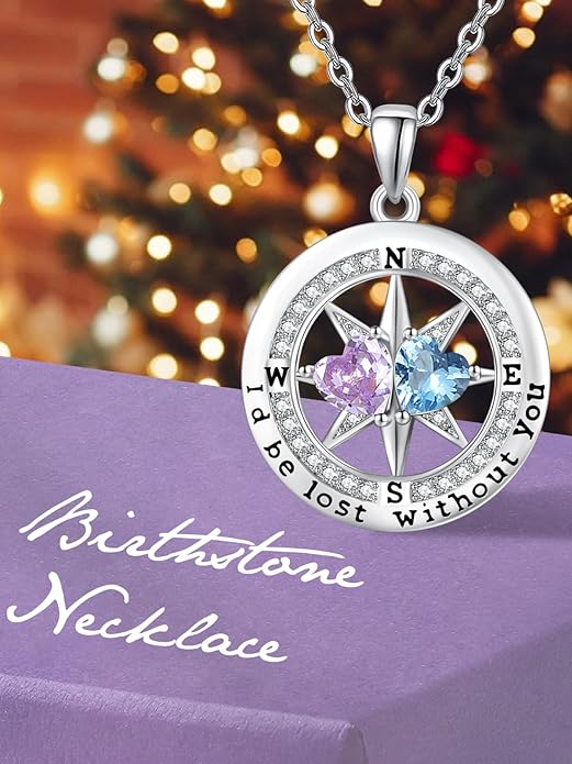 Compass Necklace for Women, Exquisite S925 Valentines Day Anniversary Birthday Gifts for Wife Her Double Birthstone Pendant Jewelry ‘I'd be Lost Without You’