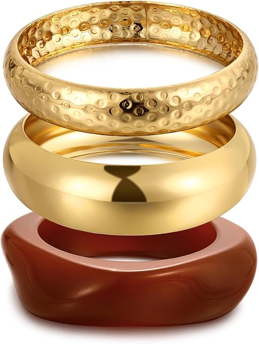 Chunky Gold Bangle Bracelets for Women, Dainty 14k Gold Plated Big Stackable Bangles Set, Trendy Statement Cuff Bracelet Stack Fashion Jewelry Christmas Gifts