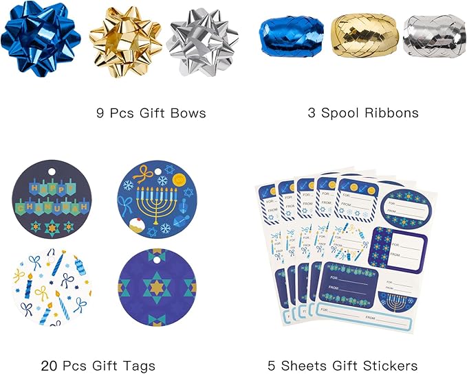 WRAPAHOLIC Hanukkah Wrapping Paper Set - Menorahs, the Star of David, Candles Design Chanukah Wrapping Paper Bundle with Gift Bow & Ribbon & Tag & Sticker