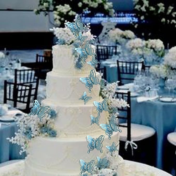 40 PCS Lively 3D Butterfly Cupcake Toppers Mixed Size Hollow Art Butterfly Cake Topper Decorations for Baby Shower Wedding Anniversary Kids Birthday Party Supplies Sky Blue