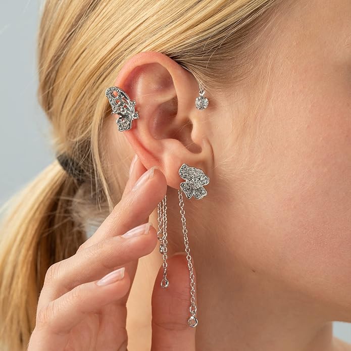 2PCS Butterfly Ear Cuffs Climber Wrap Around Earrings for Women Fairy No Piercing Ear Clip Gold Silver Jewelry Gift