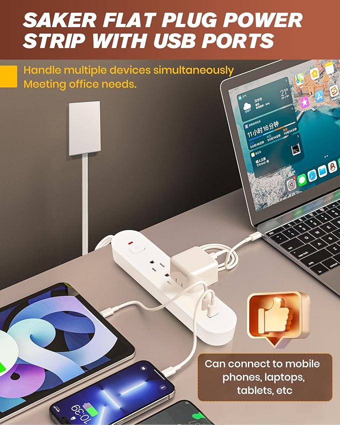 Saker Outlet Concealer Power Strip, 8FT Surge Protector Flat Extension Cord with 3 Outlets and 3 USB Ports, Outlet Cover Baby Proofing for Kitchen, Home and Office (8FT)