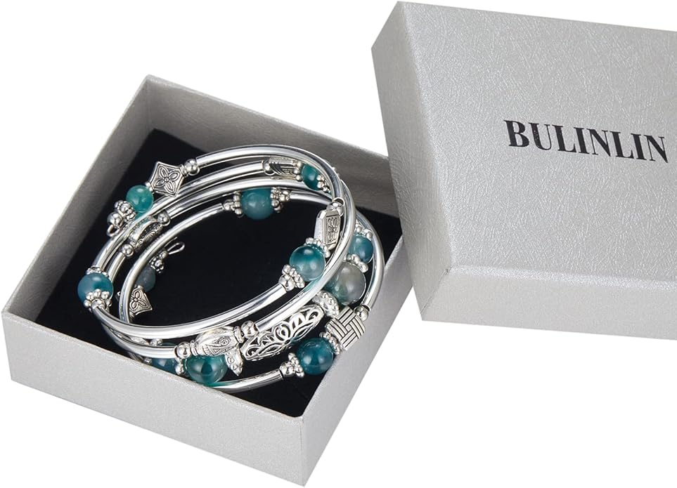 BULINLIN Layered Wrap Bangle Turquoise Bracelet - Bead Bracelet with Natural Agate Stone, Gifts For Women