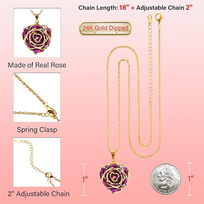 AliveRose Real Rose Gold Dipped Necklace Gifts for Women, 24K Gold Dipped Rose Pendant Necklace Jewelry Mothers Day Anniversaries Birthday Christmas Special Occasions Gifts for Her Mom Wife