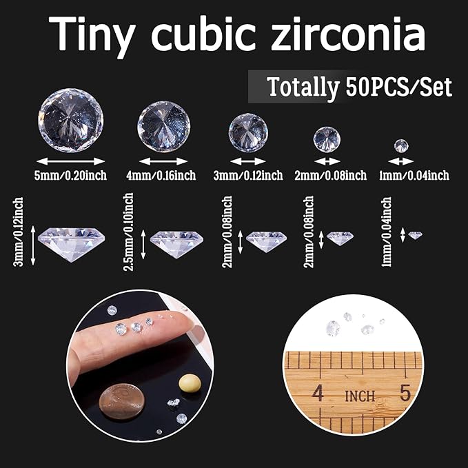Fashewelry 50Pcs Tiny Cubic Zirconia Faceted Rhinestone Cabochons 1mm 2mm 3mm 4mm 5mm Clear Pointed Back Crystal Diamante Gems for Nail Art Craft Replacing Jewelry