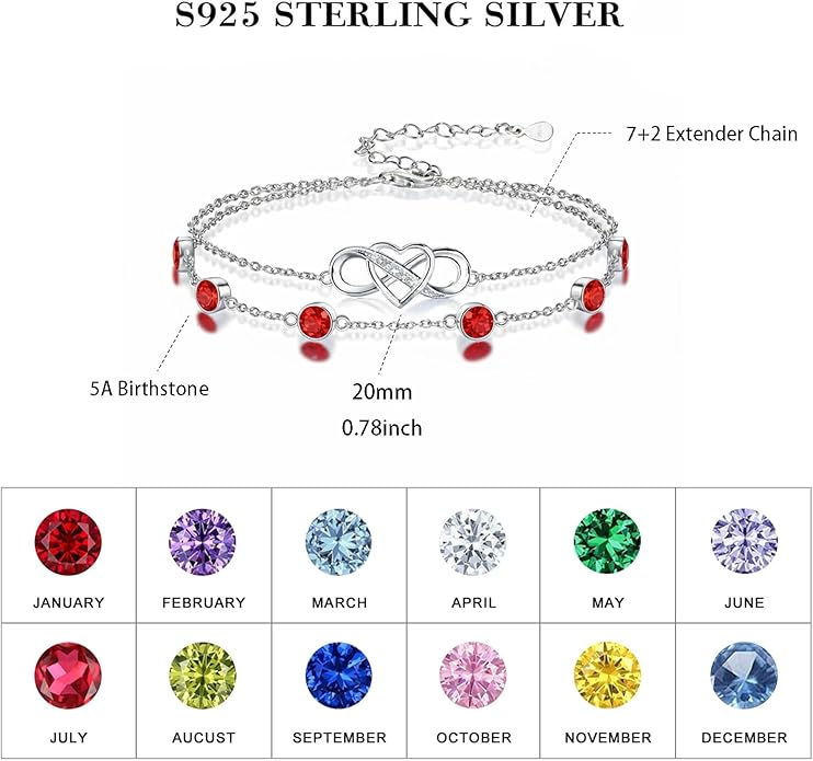 Prismata Infinity Birthstone Charm Link Bracelet 925 Sterling Silver Adjustable 12 Months Birthstone Infinity Bracelet Birthday Jewelry Gifts for Women Mom Her,with 7"+2" chain