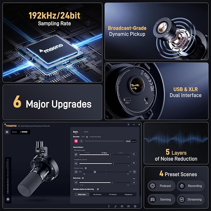 MAONO USB XLR Dynamic Microphone for Podcast: PC Computer Gaming Mic with 192kHz/24bit for Studio Recording Streaming Content Creation PD300XT