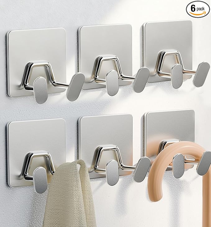 Shower Hooks for Inside Shower - Extra Sticky Stainless, Razor Holder Accessories, Wall Mounted Self-Adhesive Double Hooks for Razor, Loofah, Towel, Shaver, Coat, Key, Silver 6 Pack