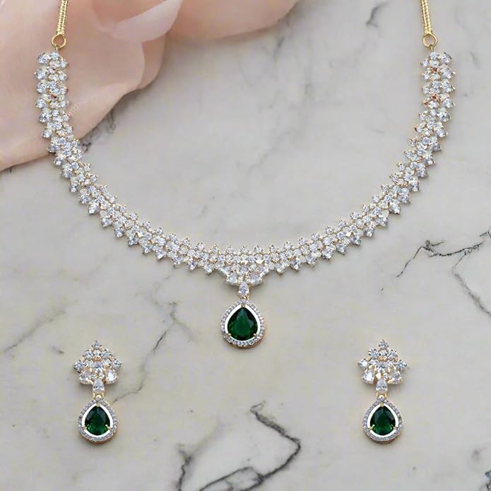 TARINIKA Green and White Cubic Zirconia(CZ) Indian Necklace Set with Earrings, Gold Plated Brass Fashion Indian Jewelry Gift for Women Bollywood Costume Jewellery