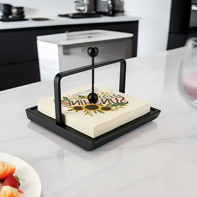 ALLCENER Napkin Holder for Table with Weighted Arm | Black Modern Flat Napkin Holder | Matte Metal & Wood Design for Kitchen Counter, Dining, and Outdoor Patio