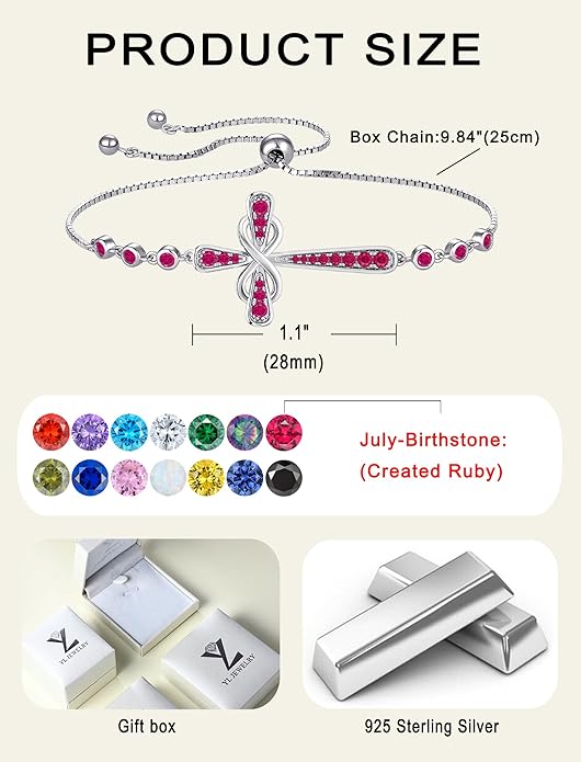 YL Cross Bracelet 925 Sterling Silver Infinity Sideways Link Bracelet Birthstone Jewelry for Women