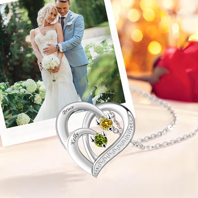 MissNaNa Sterling Silver Personalized 2 Names Heart Necklace with 2 Birthstone Couple I Love You Heart Pendant Necklace Jewelry Gift for Her Wife Girlfriend Mom
