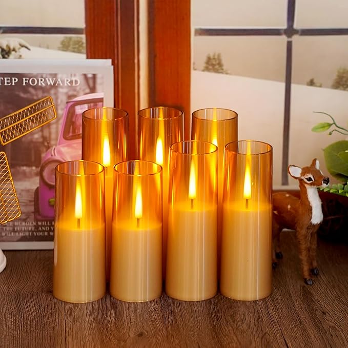 Flickering Flameless Candles 7Pcs Upgraded Realistic Dancing Flame Battery Operated Candles,LED Candles with Remote and Timers,Acrylic Electric Pillar Candles for Festivals Decor(Gold)