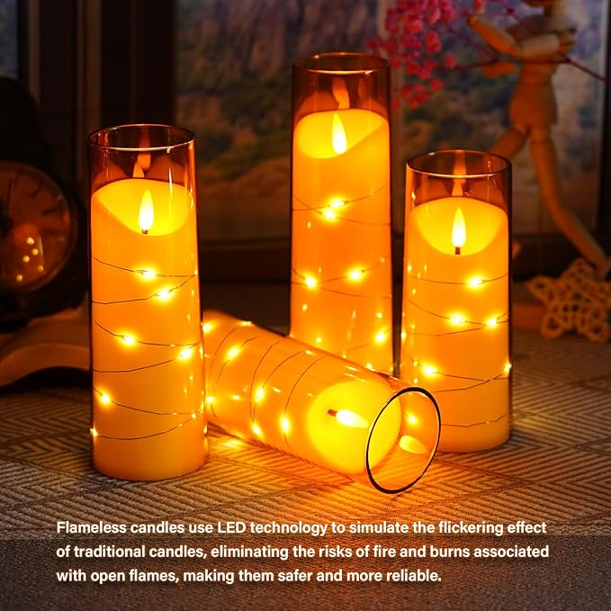 Flameless Candles with Embedded Star String, Battery Operated LED Pillar Candles with Timer and Remote Control,Home Decorating for Ambiance， Set of 9 (Gold)