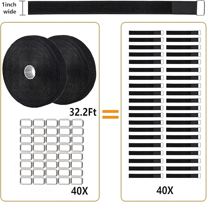 2 Rolls 32.2ft 1 Inch Wide Cable Ties, Jumpso Adjustable Fastening Zip Ties Hook and Loop Straps with 40 Metal Buckles, Reusable Nylon Cinch Straps for Organizer, Black