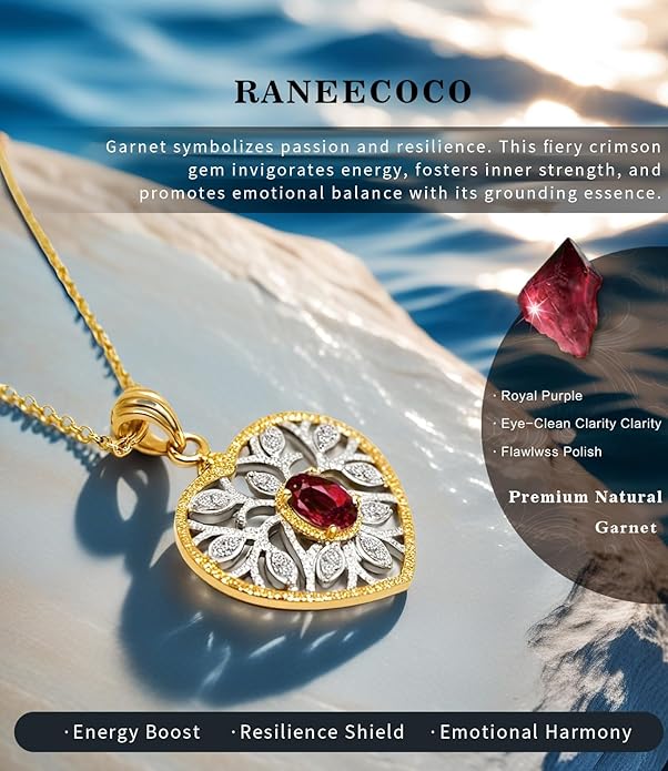 Raneecoco Natural Gemstone Necklace for Women 18K Gold Plated Sterling Silver Two-Tone Tree of Life & Love Heart Pendant Jewelry | Dainty Birthstone Gift For Her Mother Wife