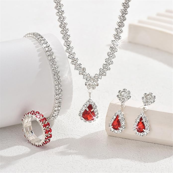 PINK TOWN Vintage Rhinestone Bridal Jewelry Sets,Crystal Wedding Prom Earrings Necklace Bracelet Set Fashion Zircon Bride Jewelry Dress Accessories for Women