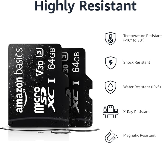 Amazon Basics MicroSDXC UHS-I Class 10 Memory Card with Full Size Adapter, A2, U3, V30, 4K, Read Speed up to 100 MB/s, 64 GB (2pack), for GoPro Cameras Storage, Black