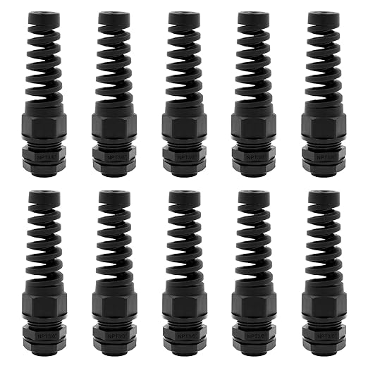 Strain Relief Cord Connector,LISTENJIALE 10Pcs NPT 3/8" Waterproof Cable Gland Flex Spiral Strain Relief Adjustable 5-10mm Cable Connector Nylon Joint with Gaskets(Black)