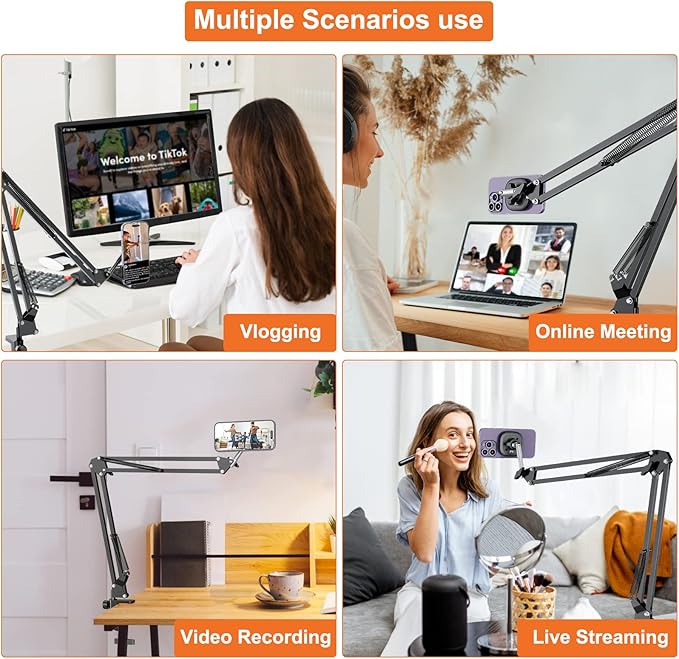 UURIG Overhead Phone Mount Stand with Magsafe, Articulating Arm Cell Phone Holder for Desk, Cell Phone Holder for Live Streams, Zoom Calls, Online Teaching, Selfies, Remote Working