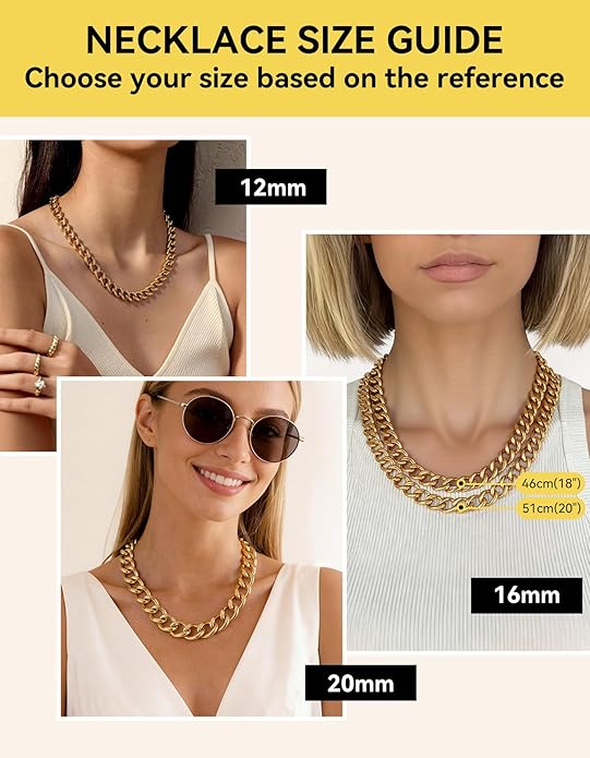 ChainsHouse Cuban Link Chain for Women Chunky Gold Necklace Stainless Steel/Gold Plated Choker Necklaces for Women, 12/16/20 mm Width Thick Chain Choker Punk Hip-Hop Jewelry,18-20"