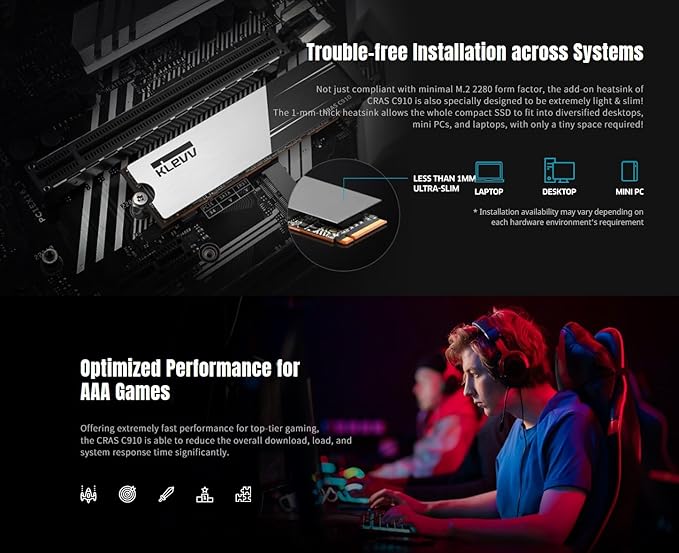 KLEVV CRAS C910 1TB M.2 2280 NVMe PCIe Gen4x4 Laptop & Desktop Internal SSD Heatsink Included, up to 5000MB/s (K01TBM2SP0-C91)