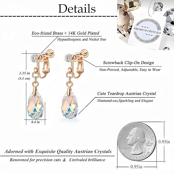 Teardrop Austrian Crystal Drop Clip On Dangle Earrings for Women Non Pierced 14K Rose Gold Plated Hypoallergenic Jewelry