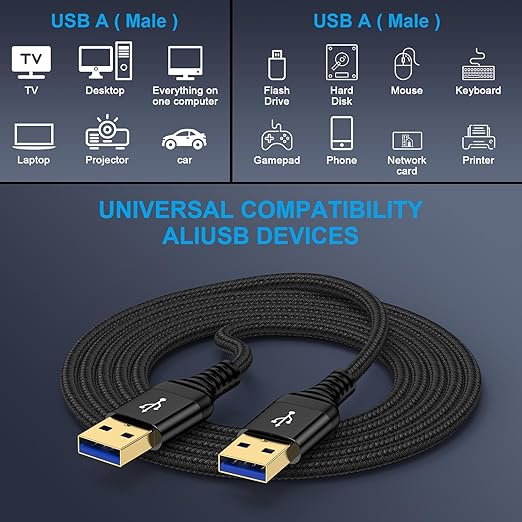 USB 3.0 A to A, 6 FT, Male to Male Cable Double End USB Cord Data Transfer Cord for External Hard Driver,DVD Player,Laptop Cooler,TV,Sound Bar,Monitor,USB3.0 Hub,Projector,Set Up Box,Printer,Camera