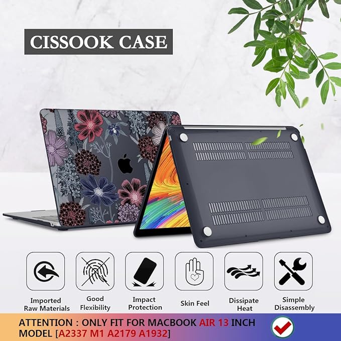 CISSOOK Case for MacBook Air 13 inch M1 Chip A2337 A2179 A1932 2021-2018 Release, Protective Black Shell with Keyboard Skin + Screen Protector for MacBook Air 13-inch with Touch ID, Texture Flowers
