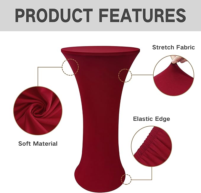 2PCS 24x43 Inch Round Fitted Cocktail Table Cover Burgundy Spandex Cocktail Table Cloth Highboy Fitted Tablecloth High Top Table Cloths for Party Pub Banquet Bistro