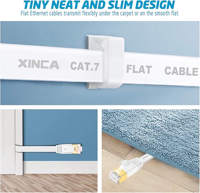 Cat 7 Flat Ethernet Cable 15ft White, High Speed 10GB Shielded (STP) LAN Internet Network Cable Ethernet Patch Computer Cable with Rj45 Connectors and 5pcs Adhesive Cable Clips