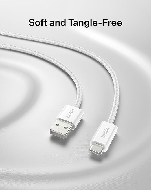 Belkin USB A to USB C Cable, 3.3ft, 15W - Type C Charger, iPhone Charger Cord, Soft, Braided, Flexible for iPhone 16 & 15, Galaxy S25, Pixel 9, iPad Pro, Airpods Pro, Switch & More - White
