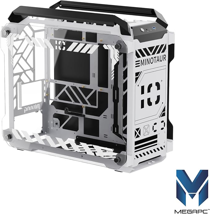 MegaPC Mino Open-Frame ATX Gaming Case – Industrial Design, Tempered Glass Panels, High Airflow, ARGB Lighting, USB-C Port (Black/White/Print Stream, with Fans Only)