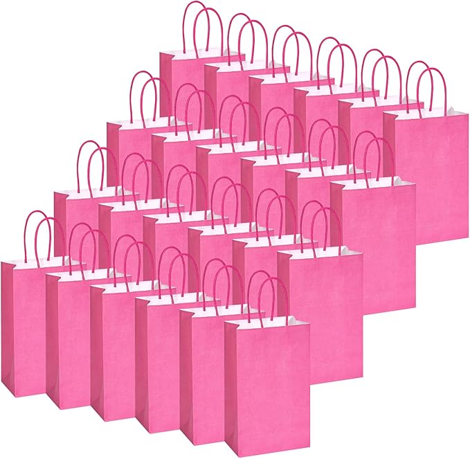 DjinnGlory 100 Pack Small Hot Pink Paper Gift Bags with Handles 9x5.5x3.15 Inch for Small Business, Weddings, Bridal Showers, Themed Birthday Party Goodies Favors