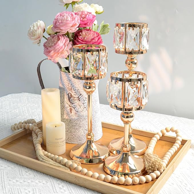 Set of 3 Cup Crystal Tealight Candle Holders, Centerpieces for Table Wedding Centerpieces Crystal Decorative Tealight Candle Dining Table Candle Holder Decor for Party (8.7"+10.6"+12.2", Gold)