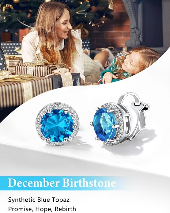 Silvora 925 Silver 8MM Cubic Zirconia Birthstone Clip On Stud Earrings Round Non Pierced Earrings For Women,Come with Box