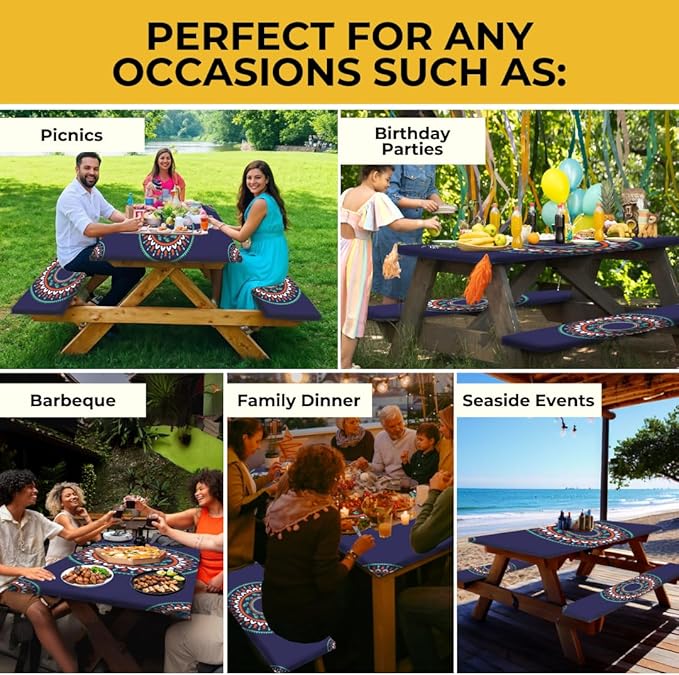 RNOONY 6ft Polyester Picnic Table Cover with Bench Covers Windproof & Waterproof Tablecloth, Perfect for Camping Gifts & RV Essentials, Cool Camping Gadgets, with Carrying Bag, 72x30 Inches, 4Pcs