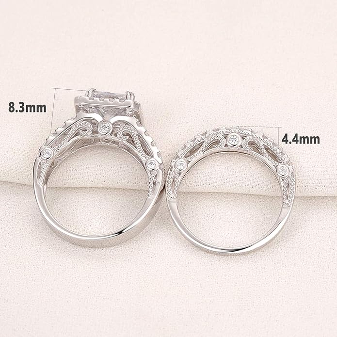 Wuziwen Princess Cut Engagement Rings for Women Sterling Silver Cubic Zirconia Wedding Bridal Ring Set