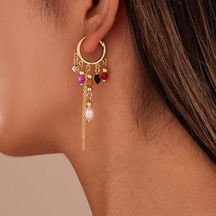 Boho Tassel Hoop Earrings for Women 14K Gold Pearl Earrings Dainty Colorful Bead Pendant Earrings Ethnic Style Statement Jewelry for Vacation Festival Party