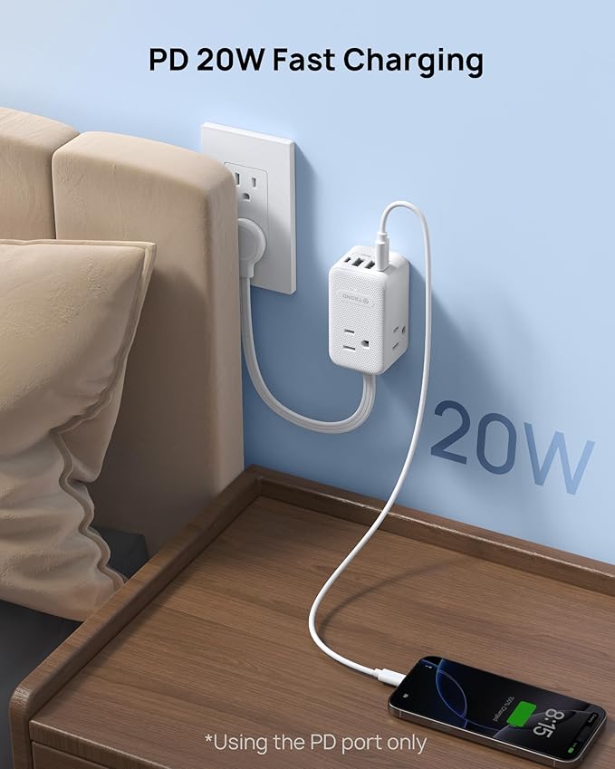 TROND Outlet Extender with 6 Inch Cord - Multi Plug Wall Outlet with PD 20W USB C Plug Adapter, Ultra Short Extension Cord, 3 Way Power Splitter for Bathroom Kitchen Office Dorm Travel Essentials