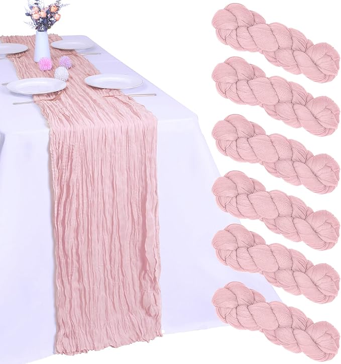6 Pack Pink Cheesecloth Table Runner 10FT Boho Gauze Fabric Table Runner 35 x 120 Inch Rustic Sheer Runner for Centerpiece Wedding Decor Baby Shower Party Boho Table Decoration(Pink)