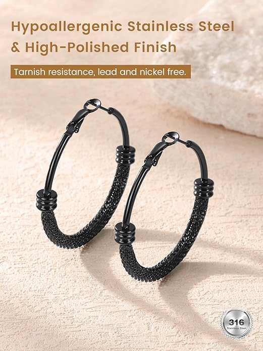 KeyStyle Mesh Hoop Earrings for Women, Stainless Steel Gold Hoops Earring Lightweight Loops, 2MM Thick Hypoallergenic Circle Endless Hollow Hoop 20mm-80mm