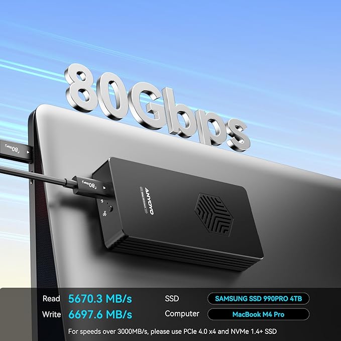 ANYOYO 80Gbps M.2 NVMe SSD Enclosure with Cooling Fan, Aluminium Alloy Enclosure Compatible with Thunderbolt 5/4/3/USB4, Support M/B+M Key SSD, Tool-Free Installation (TB502PRO)