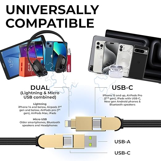 Rolling Square inCharge X, Multi Charging Cable, Portable Keychain Charger Cable, 6-in-1 with 100W Ultra-Fast Charging Power, Saturn Gold, Multi Charger