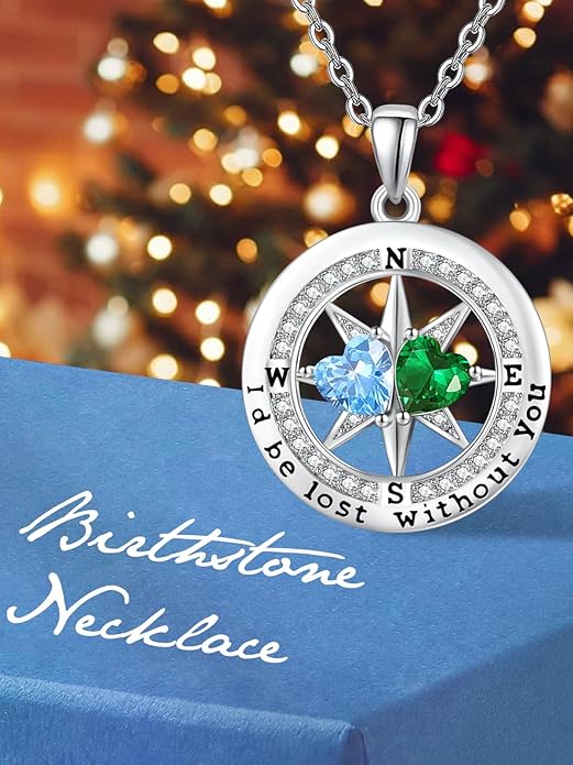 Compass Necklace for Women, Exquisite S925 Valentines Day Anniversary Birthday Gifts for Wife Her Double Birthstone Pendant Jewelry ‘I'd be Lost Without You’