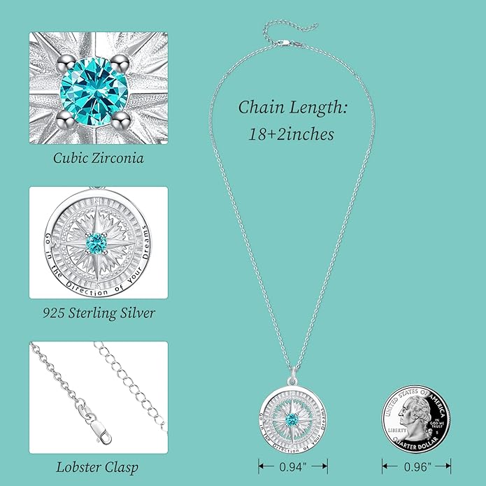 KINGWHYTE Graduation Gifts Birthstone Necklace for Women 925 Sterling Silver Compass Pendant Go in the Direction of your Dream Travel Jewelry Birthday Gift for Her