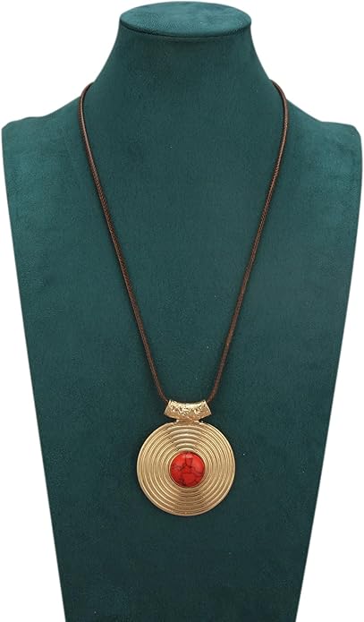 Boho Leather Necklace Women Bohemian Brown Circle Pendant Necklace Choker Long Necklaces for Women Boho Ring Large Pendant