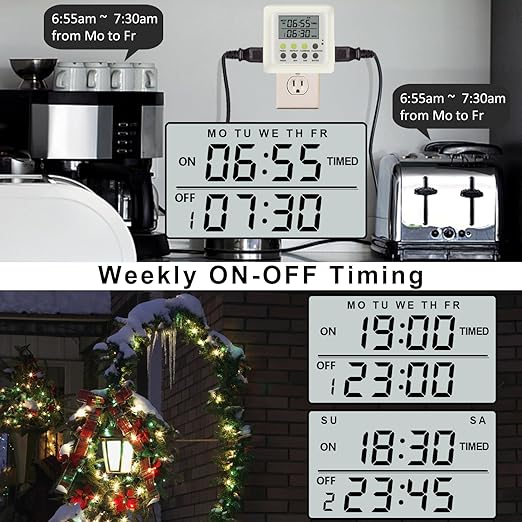 3-in-1 Dual Outlet Timer Plug with Interval Cycle for Indoor, 7 Day 24 Hour Programmable Digital Repeat Timer Switch(15A, 1875W)