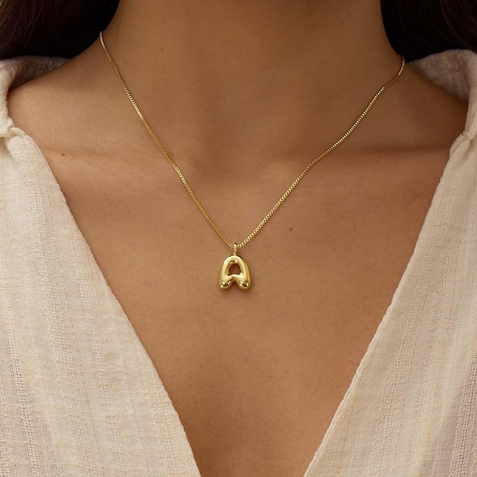 Bubble Gold Silver Letter Necklace Initial Necklaces for Women Trendy 14K Dainty Charm Pendant Name Necklace Personalized Jewelry Gift for Women Teen