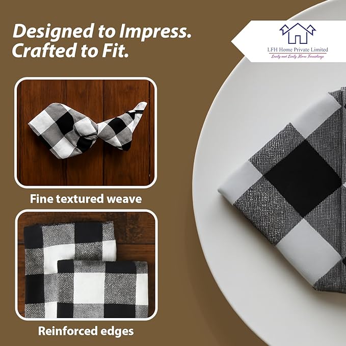 LFH Home 100% Cotton Cloth Reusable Dinner Napkins Set of 12 Washable Soft Decorative Buffalo Plaid Gingham and Checkered Table Napkins for Holidays Wedding Farmhouse Decor 18x18 Inch-Black & White